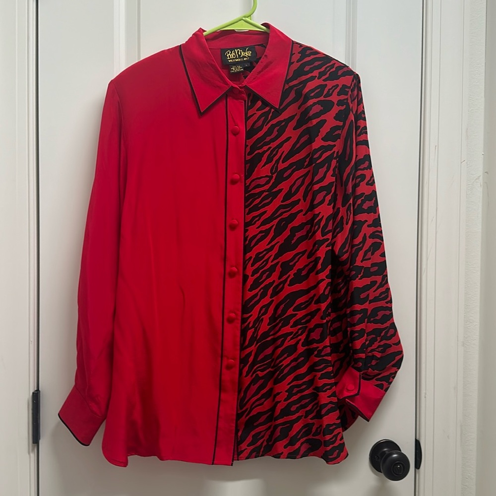 Bob Mackie Wearable Art Red Animal Print Long-Sleeve Silk Shirt - Large